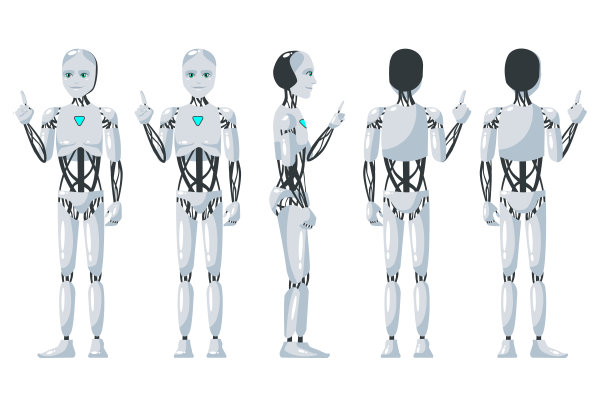 矢量插图的机器人人指向与手和手指的一边。卡通逼真人形机器人。平的机器人。正面，侧面和背面视图。RPA机器人实现自动化的概念。图片下载