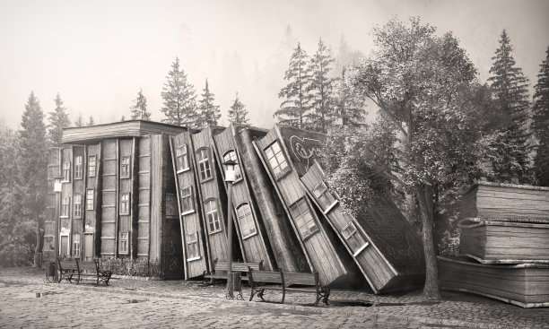 图书馆的概念。奇幻文学。旧书堆成的街道就像城市的街道。三维演示图片下载