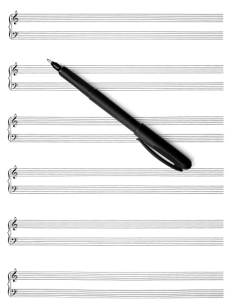 有十个五线谱的空白乐谱，上面有高音和低音谱号和笔。图片下载
