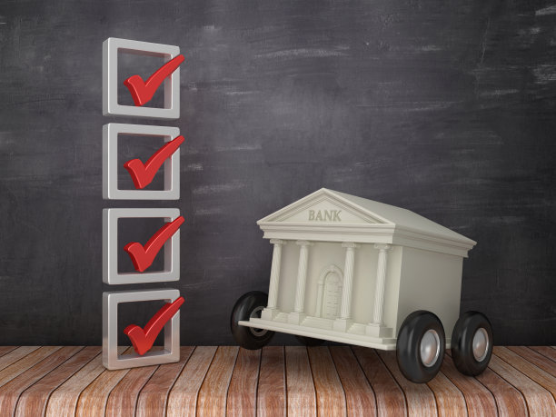 3D检查清单与银行建设车轮上的黑板背景- 3D渲染图片下载