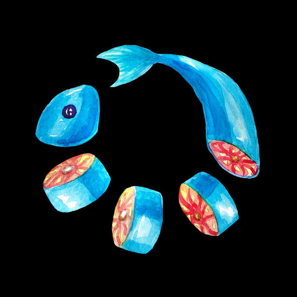 水彩新鲜整鱼切成块躺圆圈与复制空间在中心的黑色背景孤立的标志，菜单，名片，新鲜和健康的食物插图图片下载