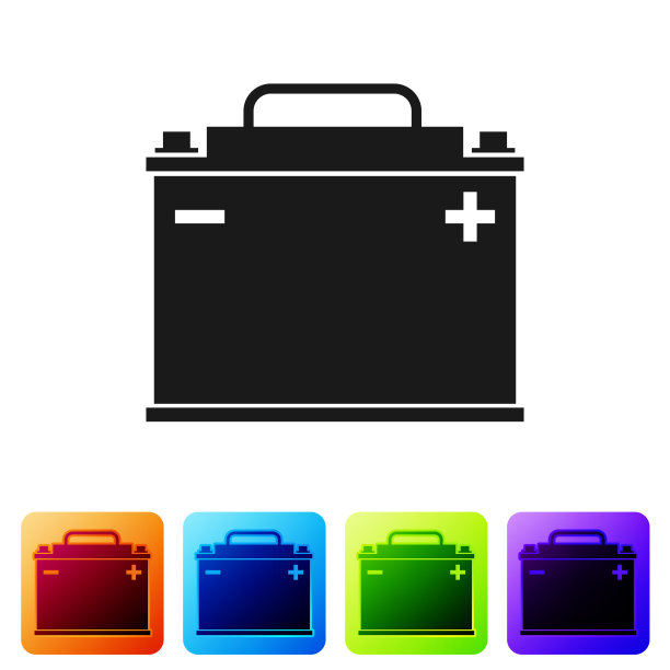 黑色汽车电池图标孤立在白色背景。蓄能器蓄电池能量动力和电能蓄能器蓄电池。设置图标在颜色方形按钮。矢量图图片下载