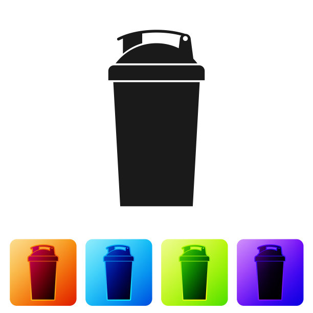 黑色健身摇瓶图标孤立在白色背景上。运动摇瓶与盖子的水和蛋白质鸡尾酒。设置图标在颜色方形按钮。矢量图图片下载