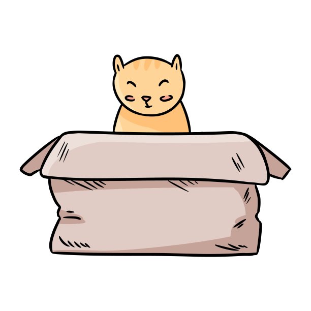 可爱的胖乎乎的猫坐在纸盒里的细线卡通形象图片下载