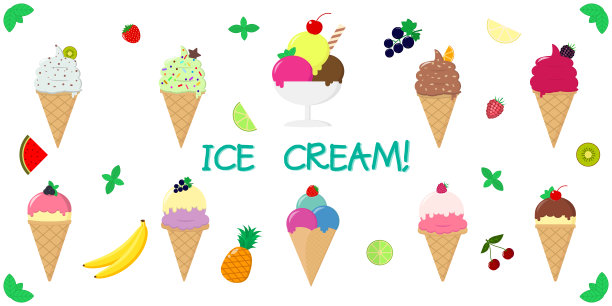 套装收集十种不同的甜冰淇淋，在一个华夫饼杯和棒子上，多汁的水果上的白色背景和文字。平面风格，矢量插图图片下载