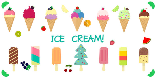 一套14种不同的甜冰淇淋，在一个华夫饼杯和棒子上，多汁的水果和浆果在白色的背景和文字。平面风格矢量插图图片下载