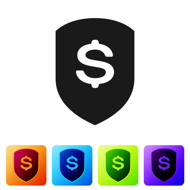 黑盾和美元图标孤立在白色背景。安全罩保护。资金安全的概念。设置图标在颜色方形按钮。矢量图图片下载