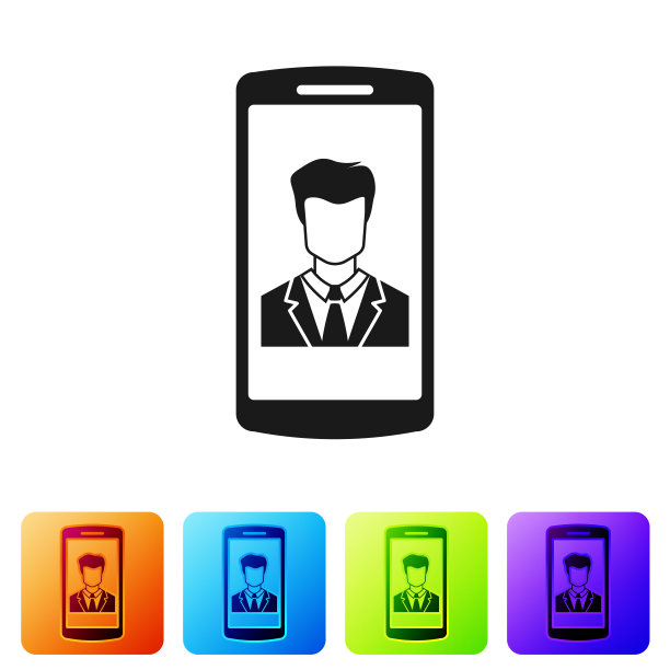 黑色智能手机与接触屏幕图标隔离在白色背景。来电。手机屏幕上的人类。电话联系。设置图标在颜色方形按钮。矢量图图片下载