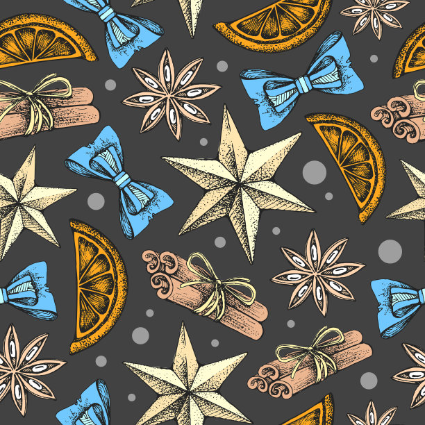 圣诞假期手绘无缝图案。圣诞节属性背景图片下载