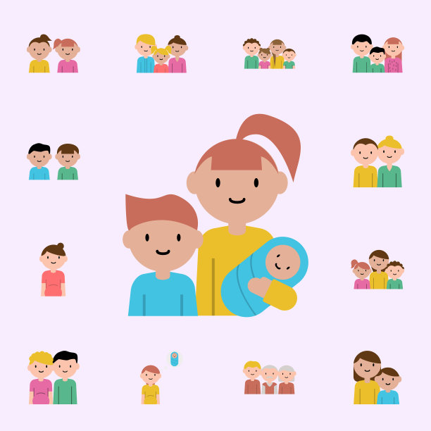 妈妈，宝宝，儿子卡通偶像。家庭图标通用设置为网络和移动图片下载