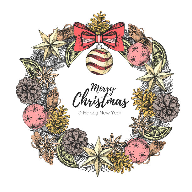 圣诞节概念设计。圣诞假期装饰花环。手绘矢量插图图片下载