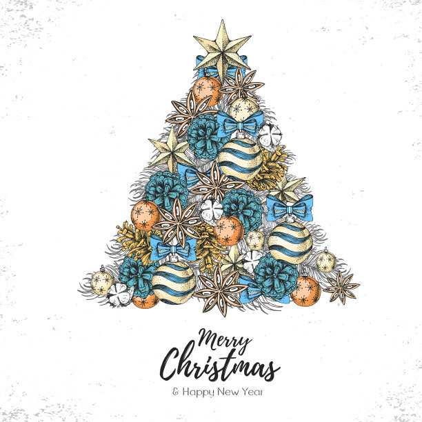 圣诞节概念设计。节日装饰圣诞树。手绘矢量插图图片下载