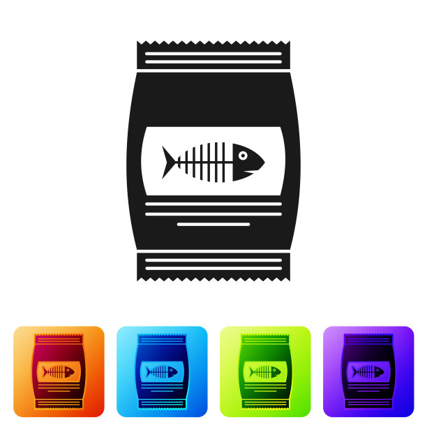 黑色袋子的食物猫图标孤立在白色背景。鱼骨架的迹象。动物的食物。宠物食品包装。设置图标在颜色方形按钮。矢量图图片下载