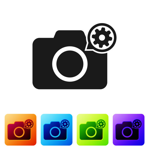 黑色照片相机和齿轮图标孤立在白色背景。调整app，服务理念，设置选项，维护，维修，固定。设置图标在颜色方形按钮。矢量图图片下载