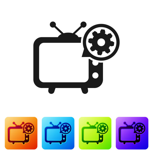 黑色电视和齿轮图标孤立在白色背景。电视服务的概念。调整app，设置选项，维护，修复，修复。设置图标在颜色方形按钮。矢量图图片下载