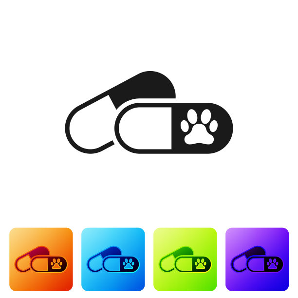 黑狗和药丸图标孤立在白色背景。给动物用的处方药。设置图标在颜色方形按钮。矢量图图片下载