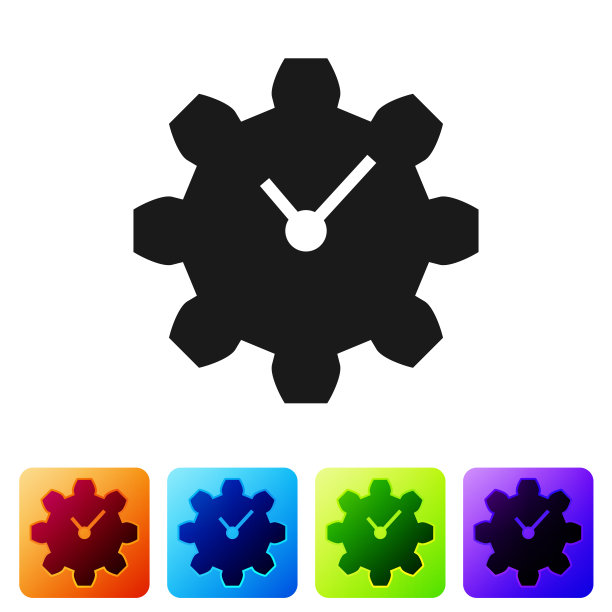 黑色时间管理图标隔离在白色背景上。时钟和齿轮标志。生产力的象征。设置图标在颜色方形按钮。矢量图图片下载