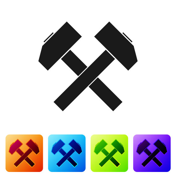 黑色两个交叉的锤子图标孤立在白色背景上。修复的工具。设置图标在颜色方形按钮。矢量图图片下载