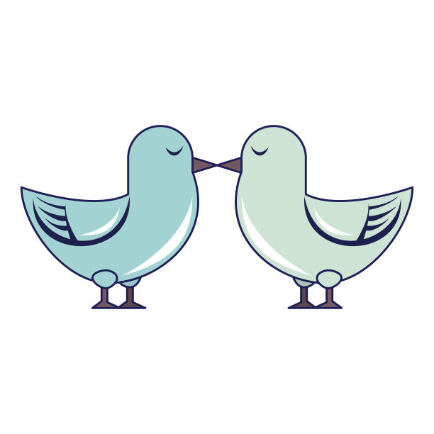 可爱的小鸟亲吻卡通孤立的蓝色线条图片下载