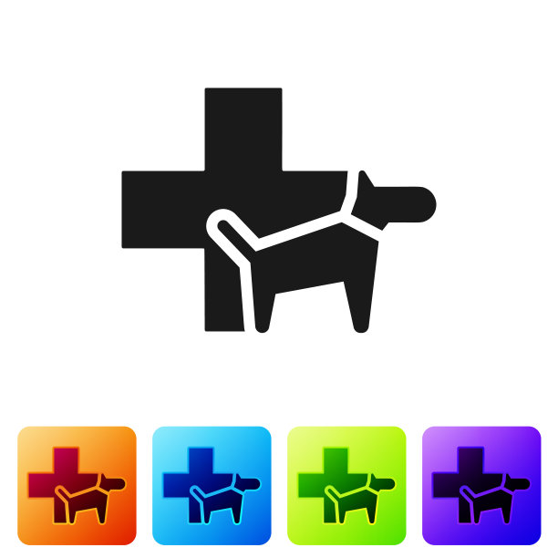 黑色兽医诊所标志图标孤立在白色背景。交叉与狗兽医照顾。宠物急救标志。设置图标在颜色方形按钮。矢量图图片下载