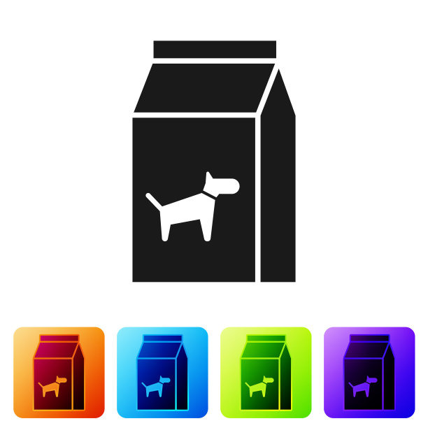 黑色袋子的食物狗图标孤立在白色背景。动物的食物。宠物食品包装。设置图标在颜色方形按钮。矢量图图片下载