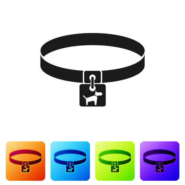 黑色狗项圈与姓名标签图标孤立的白色背景。简单的家畜用品。照顾猫和狗。宠物狗链。设置图标在颜色方形按钮。矢量图图片下载