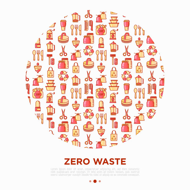 用细线画出的圆圈内的零废物概念图标:月经杯、安全剃须刀、玻璃瓶、天然除臭剂、手动咖啡研磨机、法式压滤机、木梳。矢量插图，打印媒体模板。图片下载