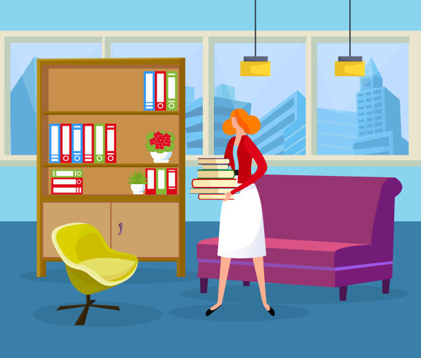 姜黄色头发的女人手里拿着一堆书。图片下载