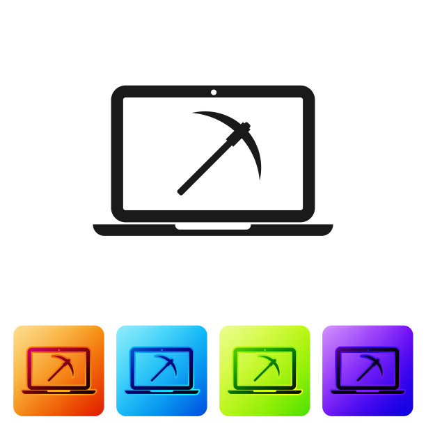 黑色采矿概念与笔记本电脑和十字镐图标在白色背景。区块链技术，加密货币挖矿，数字货币市场。设置图标在颜色方形按钮。矢量图图片下载