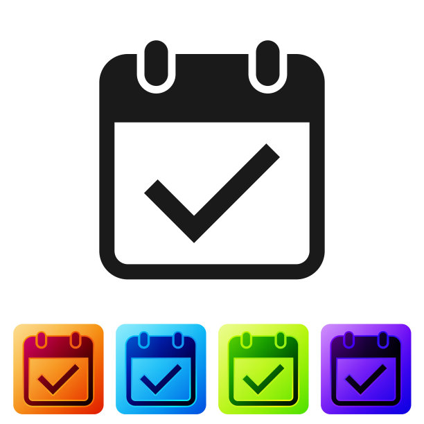 黑色日历与复选标记图标隔离在白色背景。设置图标在颜色方形按钮。矢量图图片下载