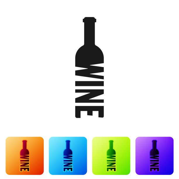 黑瓶酒图标孤立在白色背景。刻字的酒瓶。设置图标在颜色方形按钮。矢量图图片下载