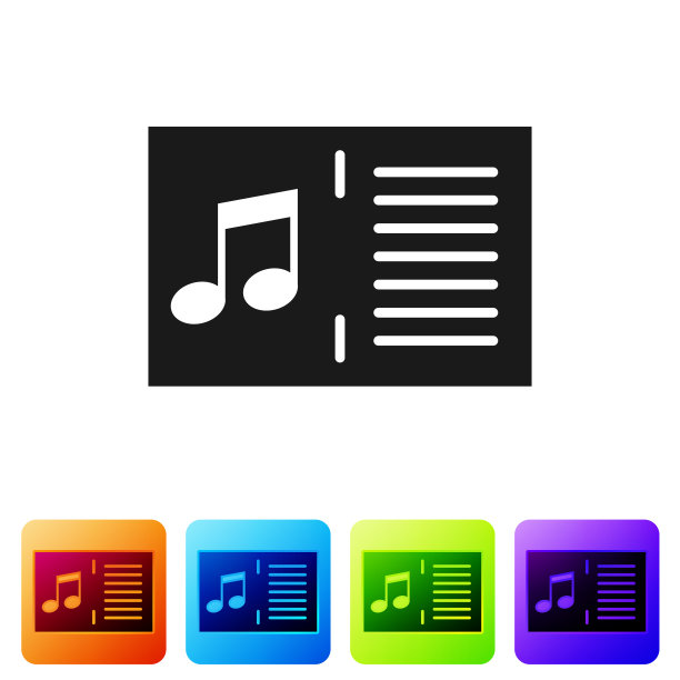 黑色音乐书与备注图标孤立的白色背景。五线谱乐谱。笔记笔记。设置图标在颜色方形按钮。矢量图图片下载
