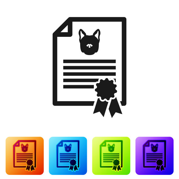 黑色旅行医疗证明，白色背景上有孤立的狗或猫图标。文档的宠物。狗或猫的爪印。设置图标在颜色方形按钮。矢量图图片下载