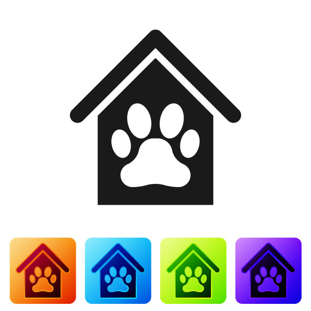 黑狗房子和爪印宠物图标孤立在白色背景。狗窝。设置图标在颜色方形按钮。矢量图图片下载