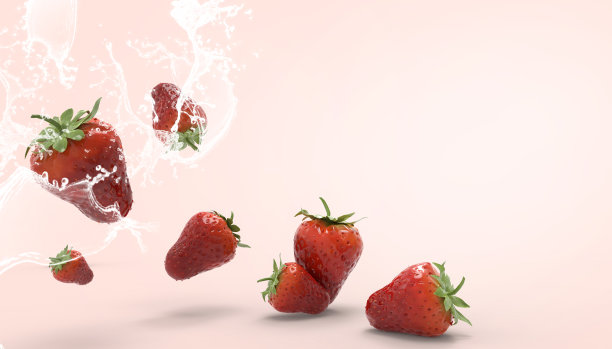 草莓水果新鲜概念夏季假期和艺术品创意粉粉背景- 3d渲染图片下载