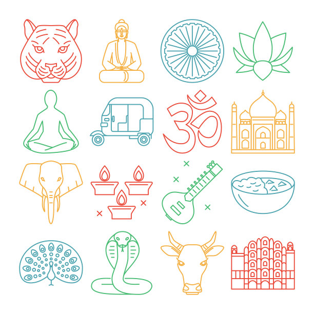 印度图标设置在细线风格图片下载