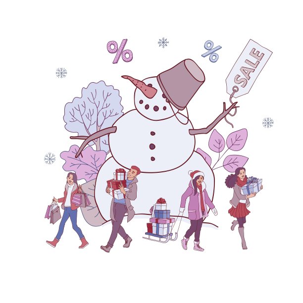 矢量插图圣诞和新年假期折扣横幅与大雪人和人的礼物。图片下载