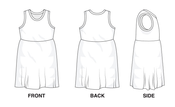 孤立对象的衣服和时尚时髦的穿着填补空白的上衣。常规颈带原始无袖顶部插图矢量模板礼服。正面，背面和侧视图。图片下载
