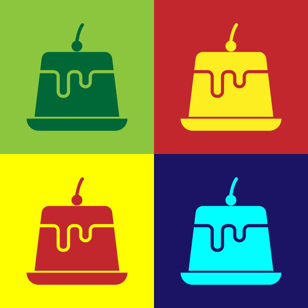 彩色布丁蛋奶冻与焦糖釉图标孤立的颜色背景。平面设计。矢量图图片下载