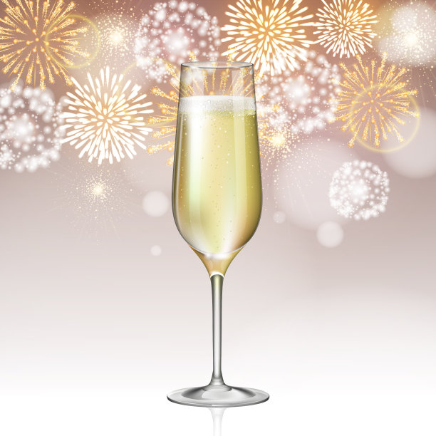 现实的矢量插图的香槟酒杯在节日的烟花背景素材图片