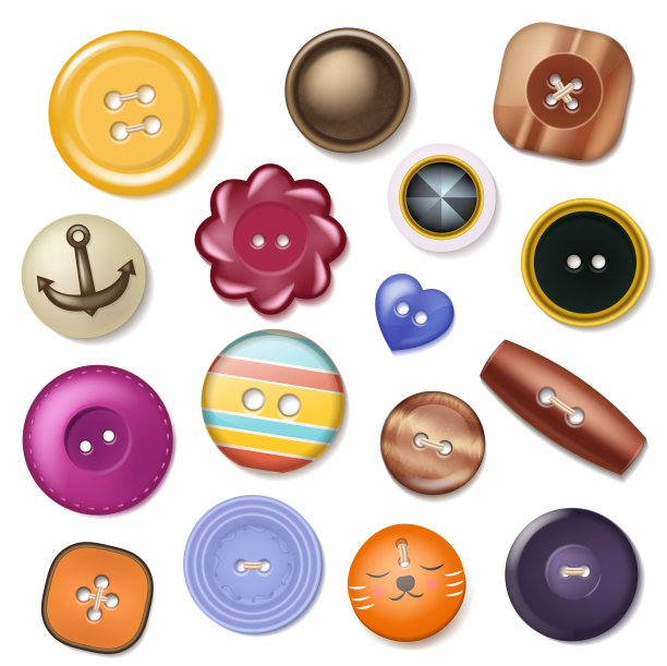 缝纫钮扣向量时尚设计服装配饰收集服装裁缝插图套彩色塑料布圆形物体缝连衣裙孤立在白色的背景图片下载