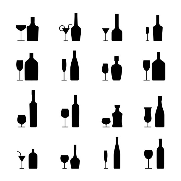 酒瓶和眼镜图标设置，矢量插图。图片下载