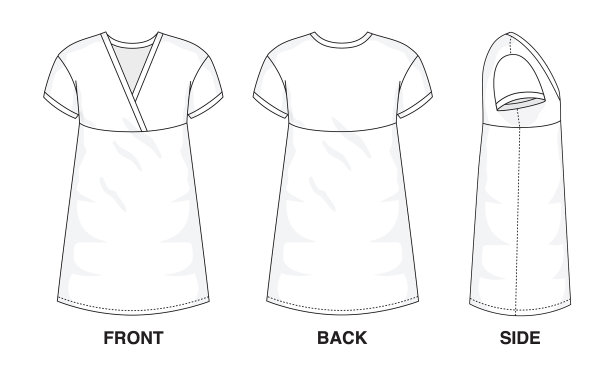 孤立对象的衣服和时尚时髦的穿着填补空白的连衣裙。常规v领带原始顶部插图日本矢量模板礼服。正面，背面和侧视图。图片下载