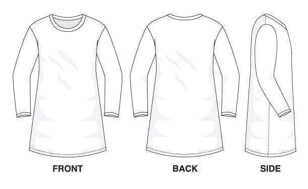 孤立的服装对象和时尚的时尚服饰填补了服装的空白。常规颈部带原始顶部插图矢量模板连衣裙长袖。正面，背面和侧视图。图片下载