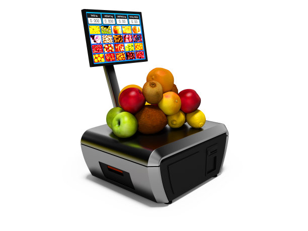 灰色收银与现金监视器购买水果左侧3d渲染在白色背景与阴影图片下载