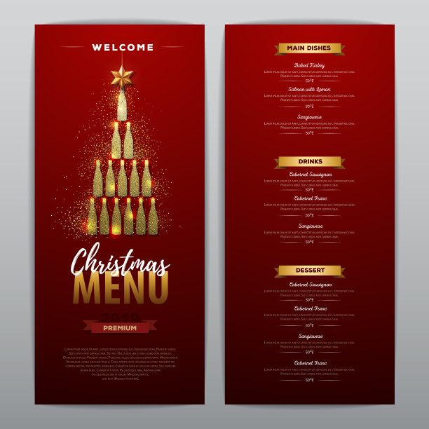 圣诞菜单设计与金色香槟酒瓶。餐厅菜单。香槟酒瓶的金字塔图片下载