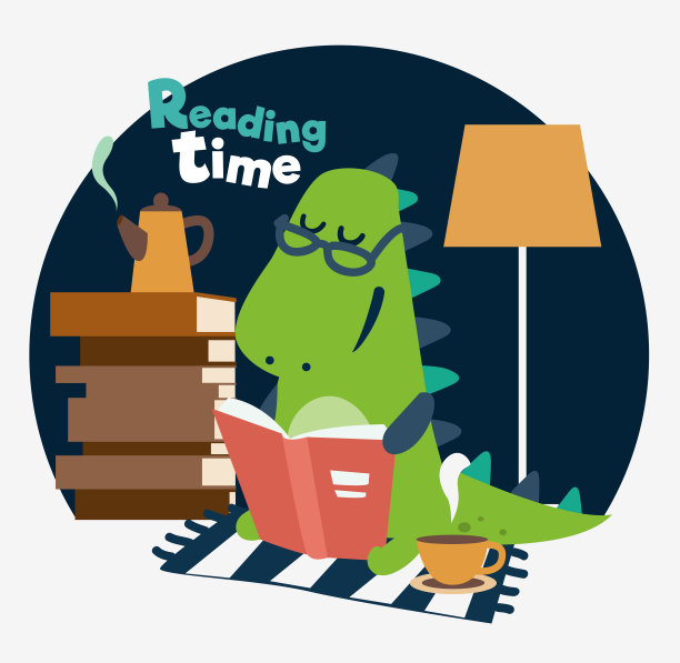 可爱的恐龙看书。有趣的霸王龙喝茶图片下载