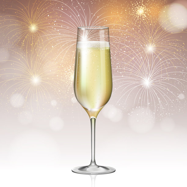 现实的矢量插图的香槟玻璃假日金色的烟花背景图片下载