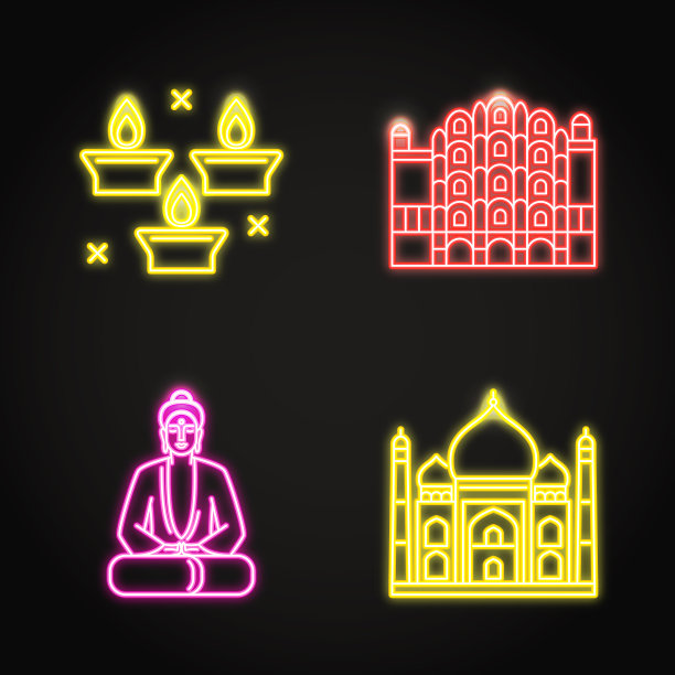 印度图标设置在发光的霓虹灯风格图片下载