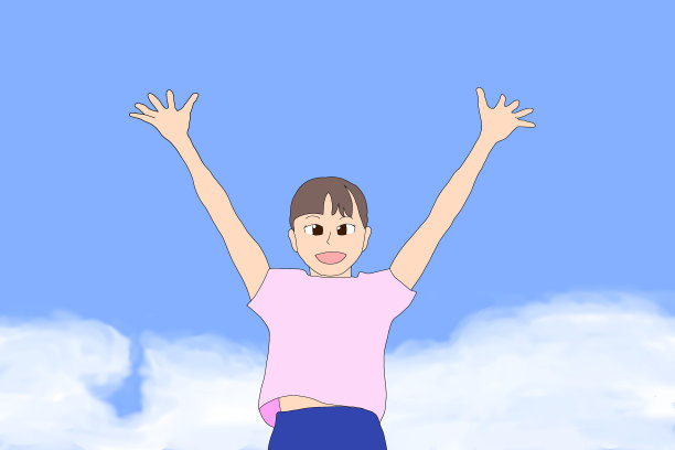 一个日本女孩在蓝天上举起双手图片下载